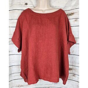 Bryn Walker Red 100% Linen Oversized Boxy Tunic Top L Lagenlook Dolman Short Slv